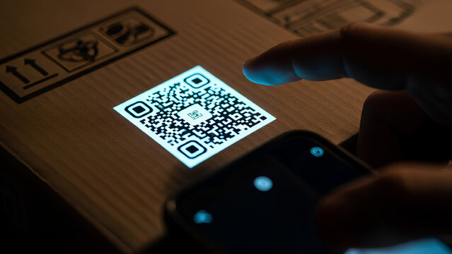 Close up of QR code with smartphone scanning it in dark environment, showing process of mobile payment. QR code verification shows innovative technology, authentication process, and encrypted link.