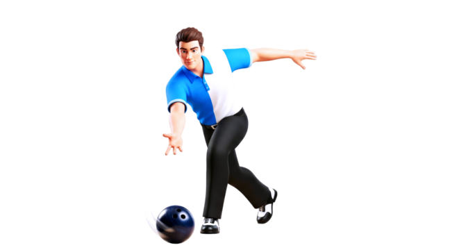 3d cartoon bowler precise strike, dynamic pose, tenpin champion, isolated on transparent background