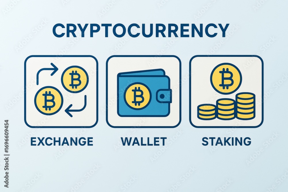 Poster cryptocurrency icons representing exchange, wallet, and staking with creative design elements on a b