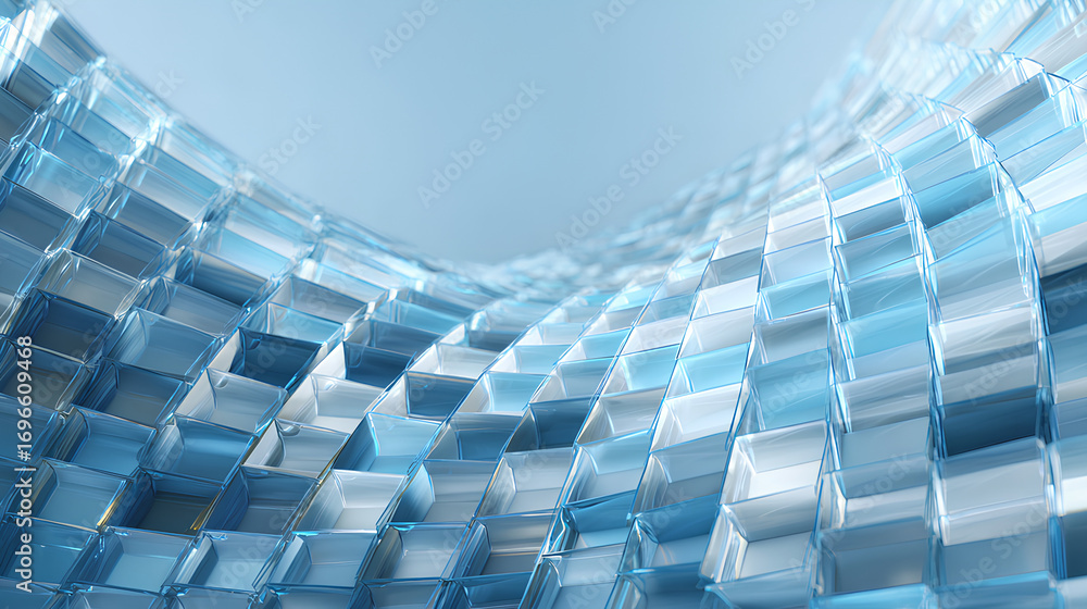 Poster abstract light blue 3d background with glass transparent square plates row. crystal gradient curve w
