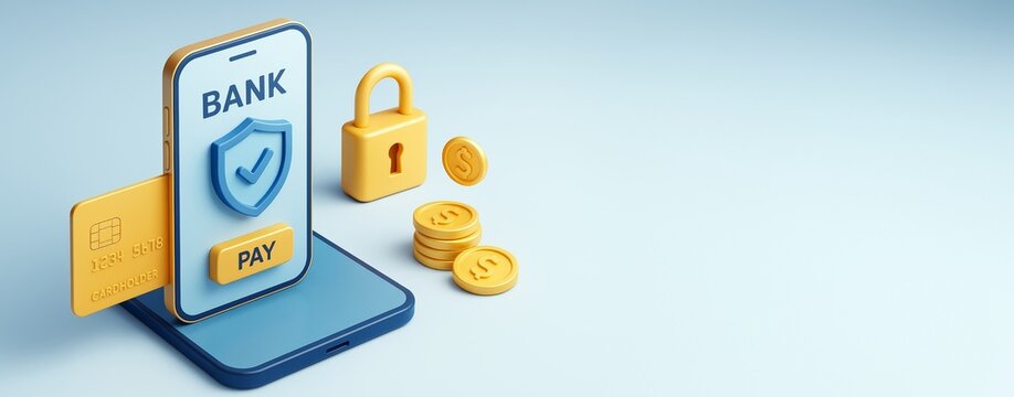 Online banking and digital payment security concept with smartphone, credit card, coins, and lock on light background with copyspace. Ai generative