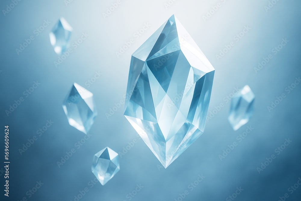 Poster abstract floating crystal shapes with sharp facets and reflections on blue gradient background showc