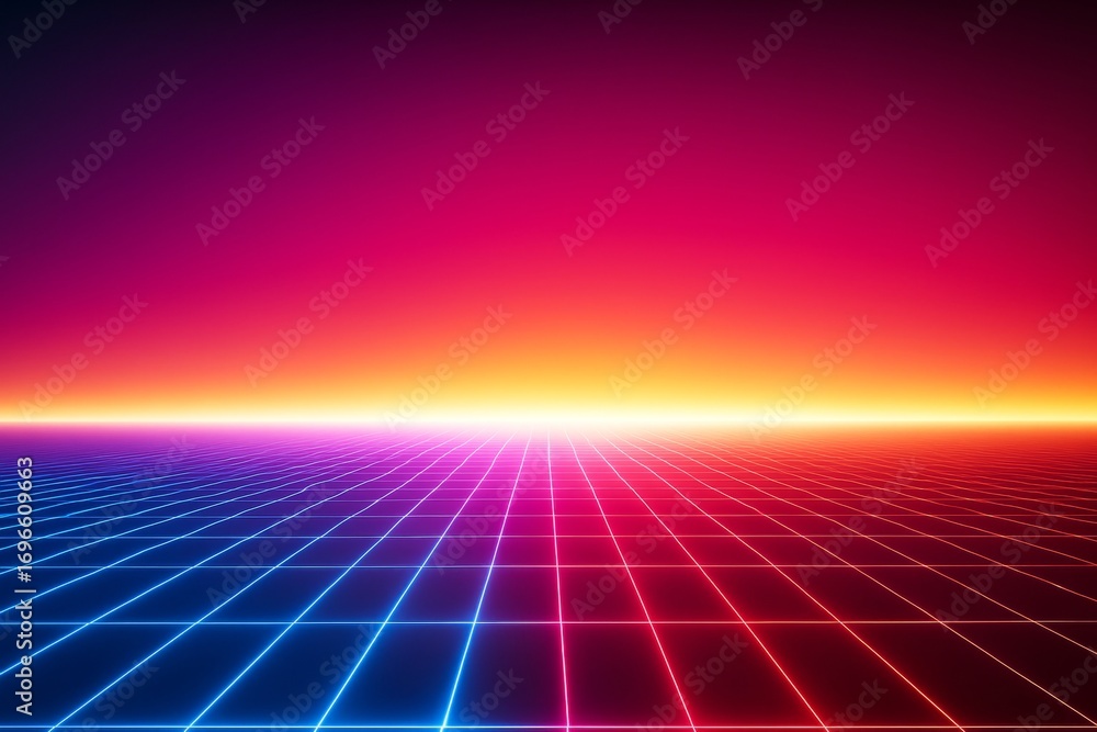 Poster retro futuristic neon grid landscape with glowing horizon and vibrant gradient sky in abstract digit