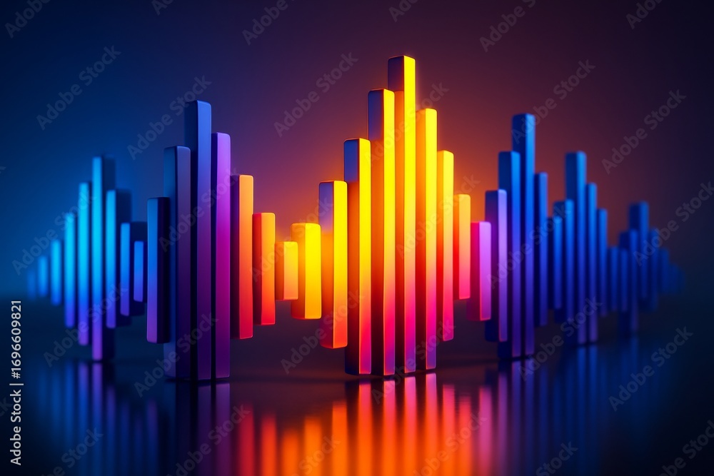 Poster abstract colorful glowing soundwave bars in futuristic neon light on dark background representing au