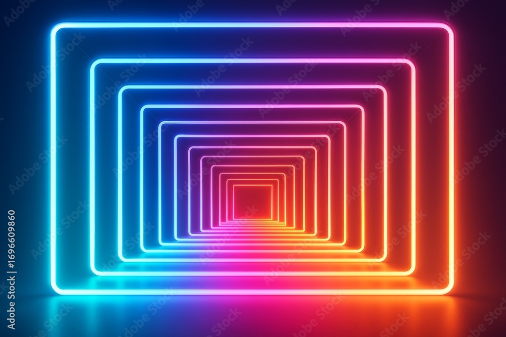 Poster futuristic glowing neon tunnel with colorful light squares forming a geometric pattern in perspectiv