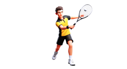 3d cartoon squash player dynamic serve, intense focus, championship ambition, isolated on transparent background