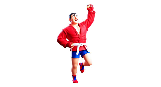 triumphant sambo athlete 3d cartoon model of victory, celebratory pose, dynamic action, isolated on transparent background