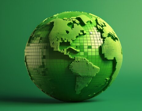 minimalist 3d pixelated earth globe in vibrant green tones abstract digital design symbolizing technology global connectivity and sustainability clean modern concept with geometric style