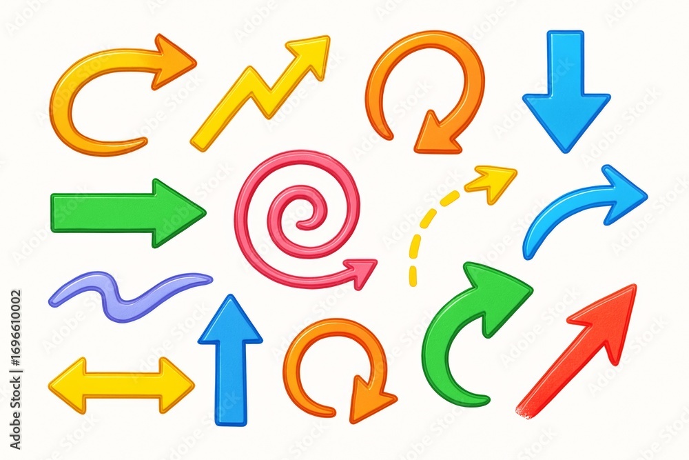 Poster colorful abstract arrows in various directions and shapes on a white background, concept of movement