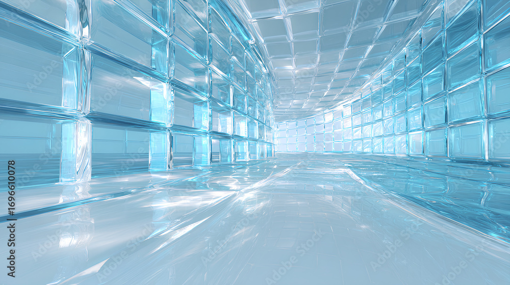 Poster abstract light blue 3d background with glass transparent square plates row. crystal gradient curve w
