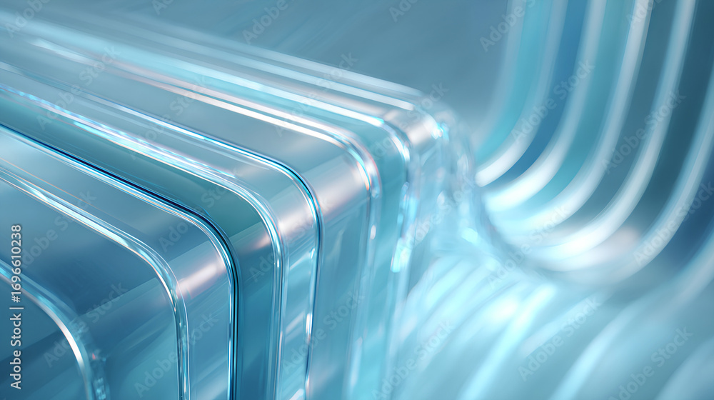 Poster abstract light blue 3d background with glass transparent square plates row. crystal gradient curve w