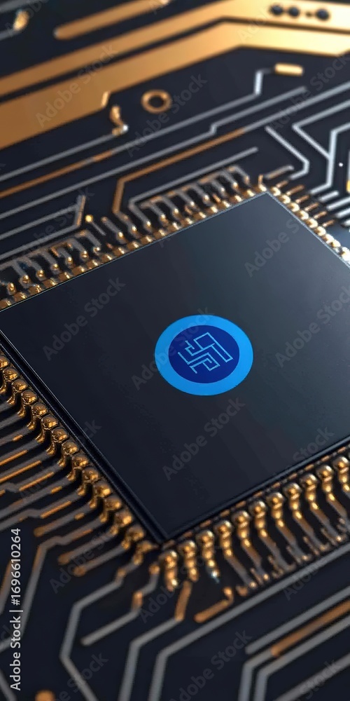 Aufkleber extreme close-up of a microchip with blue logo on intricate circuit pattern background. ultra-realis