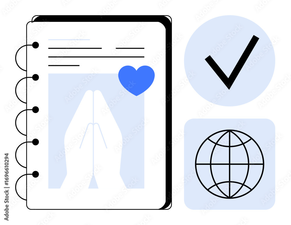 Poster notebook page with praying hands and heart, accompanied by a checkmark and globe symbol. ideal for m