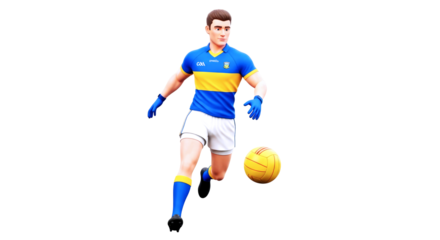 3d cartoon gaelic football player dynamic sprint, precise control, upcoming match, isolated on transparent background
