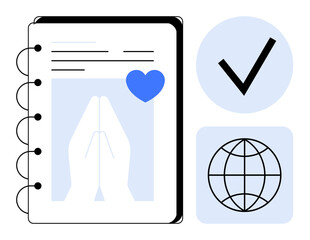 Notebook page with praying hands and heart, accompanied by a checkmark and globe symbol. Ideal for mindfulness, spirituality, global awareness, journaling, self-care, minimalistic design