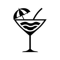 Cocktail glass with parasol and stylized waves, suitable for summer vacation ads, beach bar branding or tropical drink promotions in travel and tourism industry