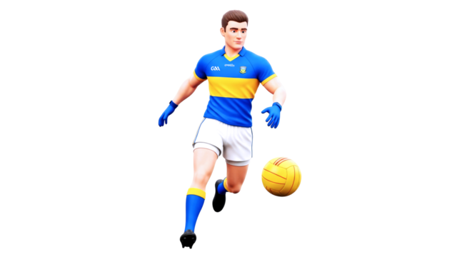 3d cartoon gaelic football player dynamic sprint, precise control, upcoming match, isolated on transparent background
