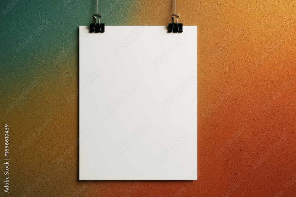 Poster blank paper mockup hanging with clips on textured wall background featuring teal to orange gradient 