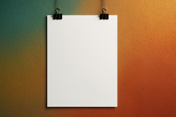 Blank paper mockup hanging with clips on textured wall background featuring teal to orange gradient color transition for creative presentation template. Ai generative