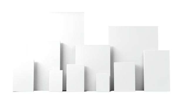Abstract cityscape of various sized, stacked white rectangular forms