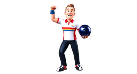 joyful 3d cartoon bowler celebratory strike, perfect game, triumphant pose, isolated on transparent background