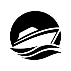 Minimalist sailboat logo with stylized vessel and prominent sail on gentle waves inside circular frame for sailing schools, yacht clubs, boat rentals or maritime branding needs