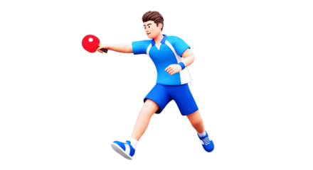3d cartoon ping pong player dynamic serve, focused energy, blue uniform, intense match, thrilling action, ready to win, isolated on transparent background