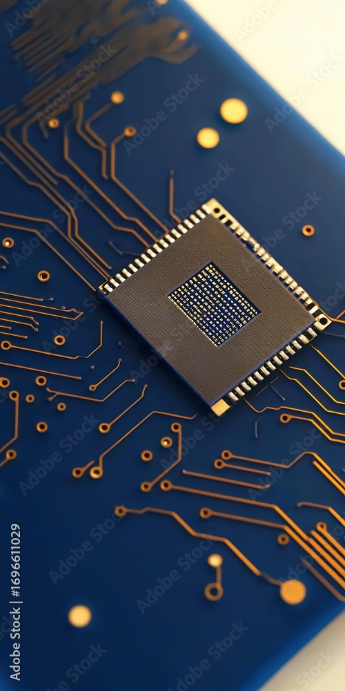 Poster close-up of an advanced microchip on blue circuit board background. chip is centered with gold detai