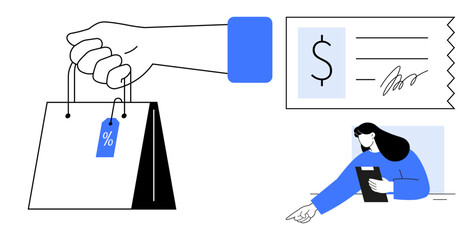 Hand carrying shopping bag with discount tag, receipt with signature and price, woman holding tablet. Ideal for e-commerce, sales, retail, discounts, payments, customer service simple landing page