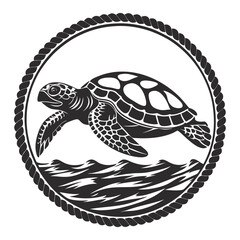 Naklejka premium Monochrome emblem with sea turtle above stylized waves in circular rope frame, suitable for nautical branding, marine conservation projects, coastal tourism, and ocean wildlife themes