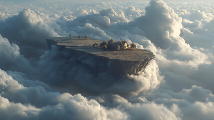 Floating island above clouds creates surreal scene, evoking sense of wonder and amazement at this breathtaking vista