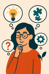 Woman with Glasses Thinking and Brainstorming with Thought Bubbles and Ideas
