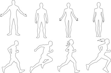 Human Motion Stroke Icon Collection. Featuring Standing and Running Poses in Minimalist Outline Style. Editable Vector Set for UI, Fitness, and Anatomy Design.