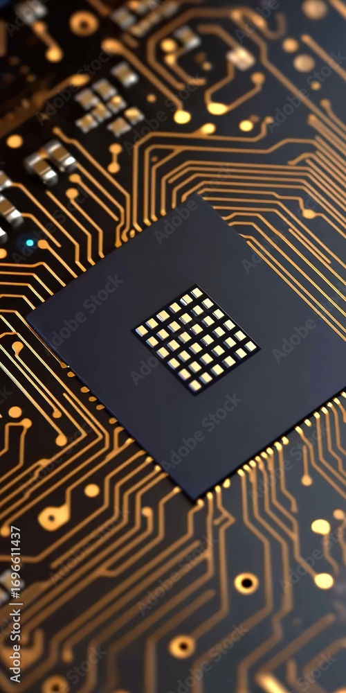 Poster close-up of a chip on an electronic circuit board, showcasing intricate patterns and advanced techno