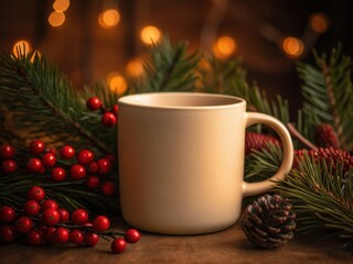 Christmas mug mockup. Cream mug of a warm drink surrounded by pine branches, red berries, a pinecone and warm bokeh lights for a cozy holiday scene.