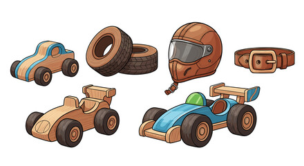 Playful Wooden Racing Set: Toys, Helmet, and Accessories Illustration