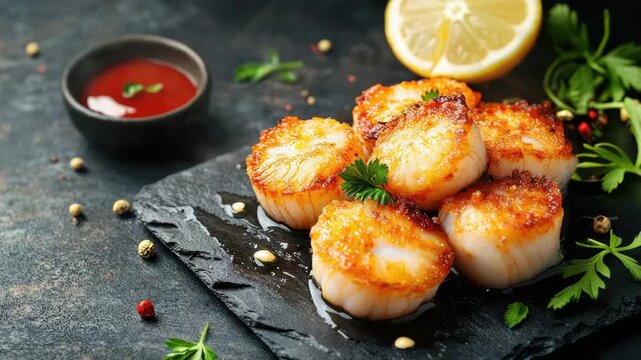 Seared scallops on slate with herbs, lemon, and sauce
