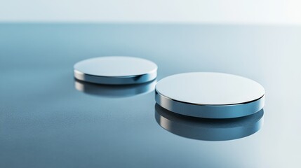 Two sleek, metallic discs resting on a reflective surface under soft lighting.