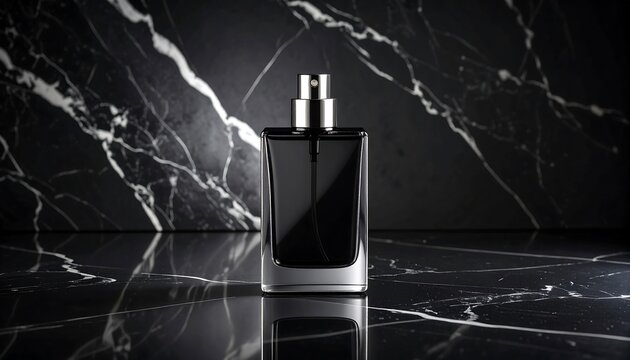 Empty perfume bottle on black marble