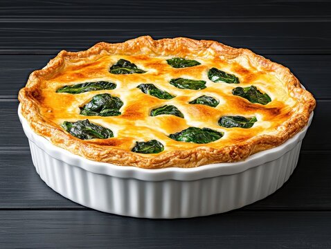 Spinach quiche in white dish on dark wood
