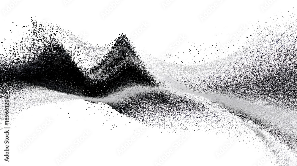 Poster abstract stipple wave flow in light grain texture and digital spray. gradation of particles in monoc