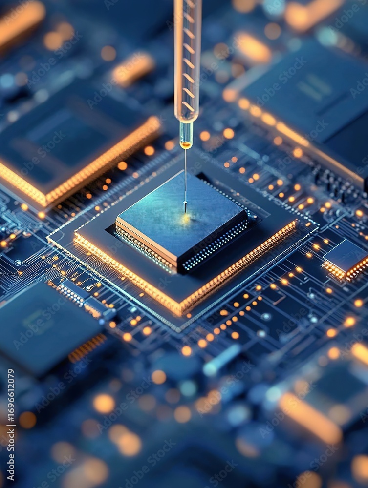Poster hyper-realistic macro shot of a microchip being injected by a syringe on a circuit board, cinematic 