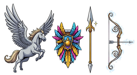 Mythical creature and ancient weaponry set for fantasy games or art
