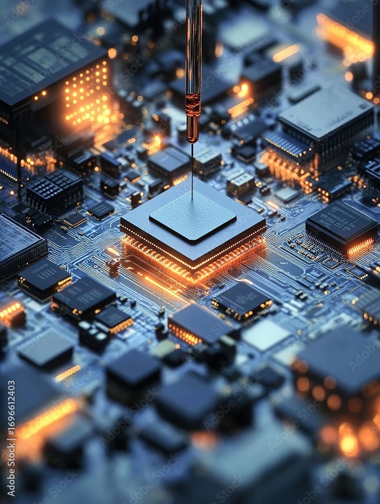 Poster advanced glowing microchip being carefully placed on a sophisticated circuit board with intricate de