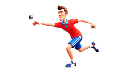 3d cartoon bocce player dynamic throw, focused expression, summer sport fun, isolated on transparent background