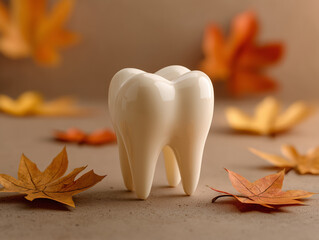 Happy Tooth Character with Autumn Background