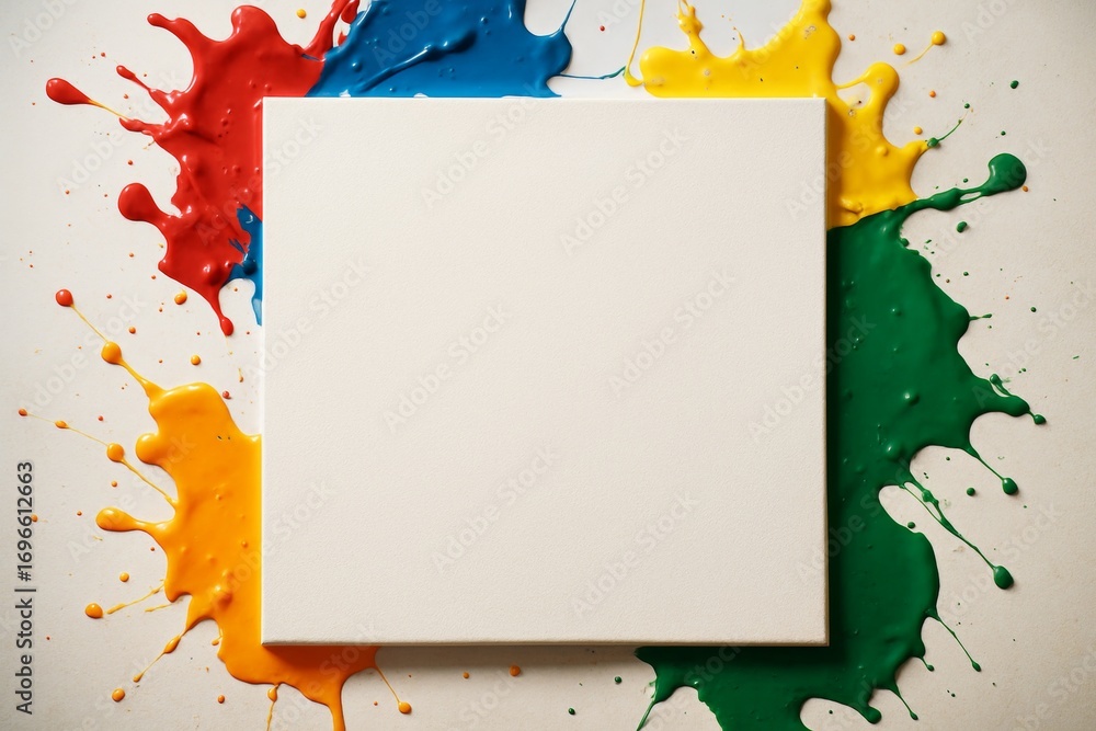 Poster blank canvas mockup with colorful paint splashes on light background for artistic branding or creati