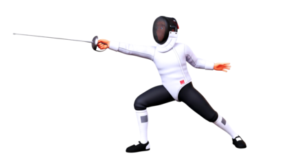 3d cartoon fencing champion dynamic foil action pose, intense athleticism, victory stance, isolated on transparent background