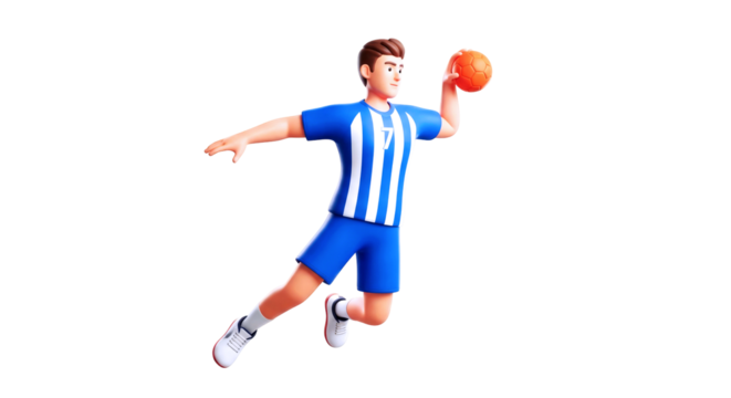 dynamic cartoon handball player 3d render of intense gameplay, aerial throw, and unstoppable action, isolated on transparent background