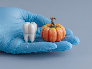 Gloved Hands Holding Tooth with Pumpkin